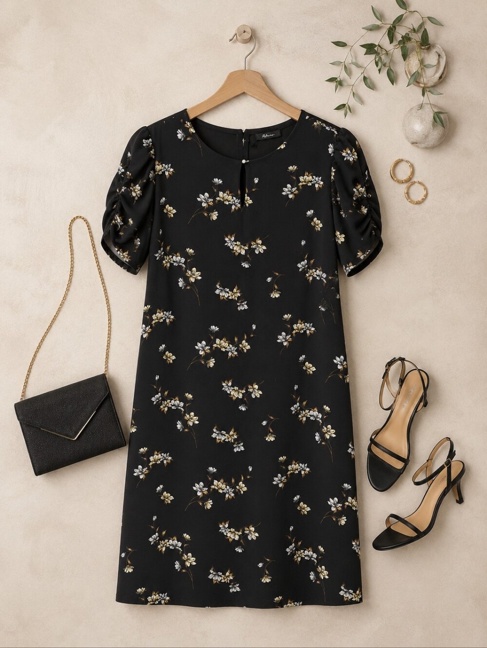 Reitmans NEW Plus Size XXL: Black Floral Rouched-Sleeve Shift Knee Length Dress